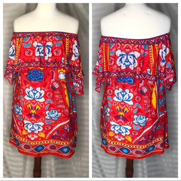 Flying Tomato Dresses & Skirts - FLYING TOMATO Off Shoulder Red Tropical Multicolored Floral Mini Dress Sz Small